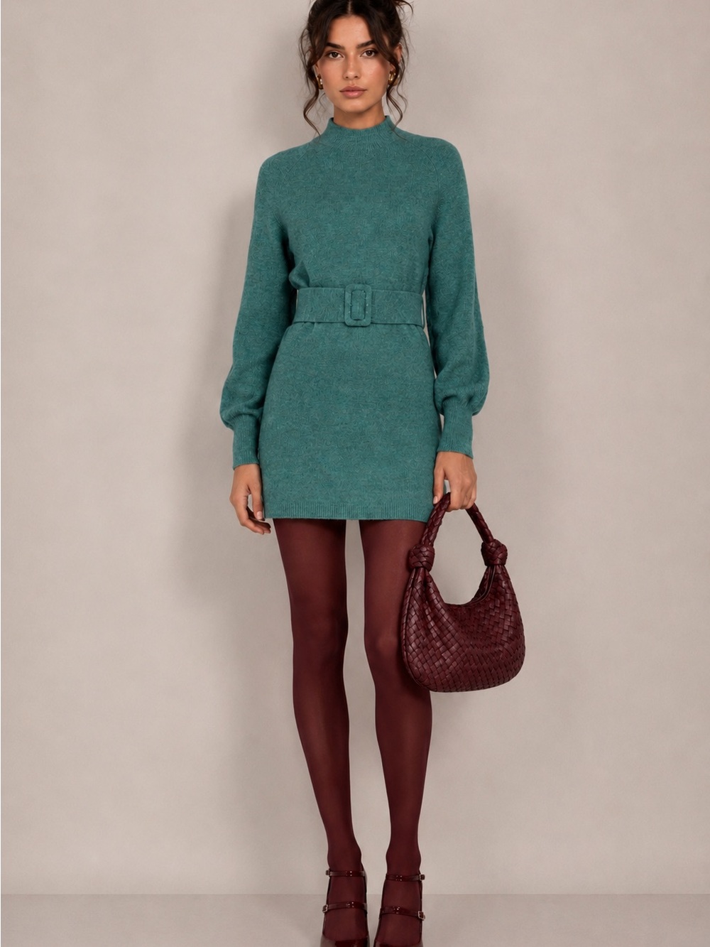 Sezane Teal Mock-Neck Belted Mini Dress Chic Boho Preppy Feminine Romantic